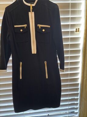 Boston Proper Black Shift Dress with Cream Trim and Gold Hardware